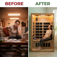 1 Person Extendable FAR Infrared Sauna for Home, Hemlock Wood Low EMF 6 Carbon Heaters Indoor Saunas with LED Lights, Bluetooth Speaker, Digital Control Panel, and Seating Bench — Before & After