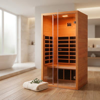 1 Person Extendable FAR Infrared Sauna for Home, Hemlock Wood Low EMF 6 Carbon Heaters Indoor Saunas with LED Lights, Bluetooth Speaker, Digital Control Panel, and Seating Bench — Studio Shot