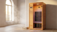 1 Person Extendable FAR Infrared Sauna for Home, Hemlock Wood Low EMF 6 Carbon Heaters Indoor Saunas with LED Lights, Bluetooth Speaker, Digital Control Panel, and Seating Bench — Lifestyle
