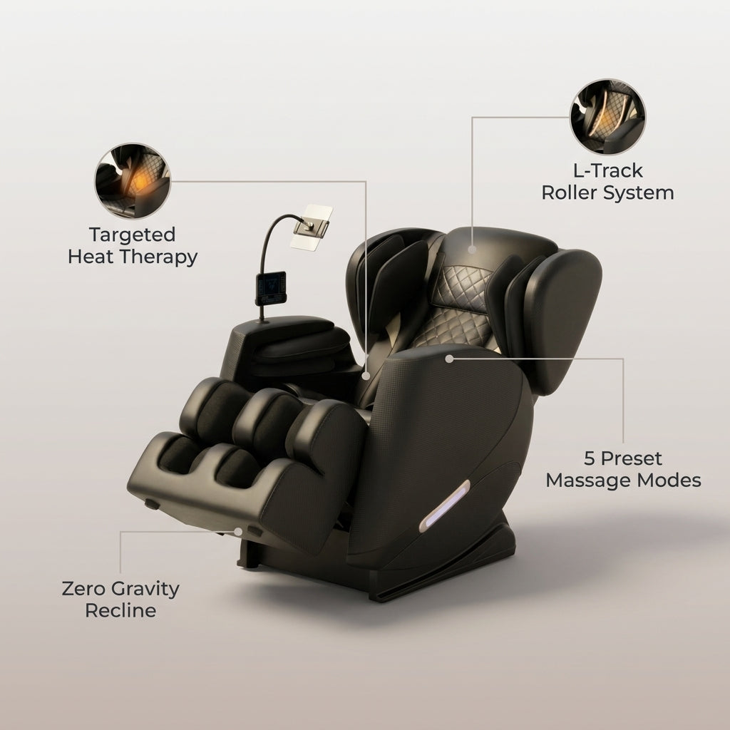 Full Body Massage Chair Built for Daily Relaxation, L Track System, Zero Gravity, 5 Massage Modes, Heat Therapy — infographic