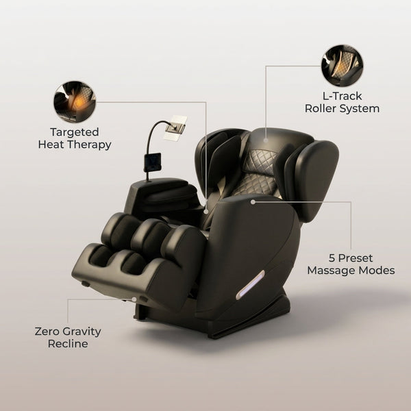Full Body Massage Chair Built for Daily Relaxation, L Track System, Zero Gravity, 5 Massage Modes, Heat Therapy — infographic